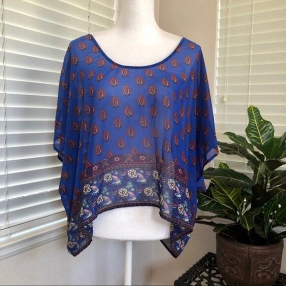 Jessica Simpson Blouse Women's XS/S Blue Sheer Boho Paisley Strappy Back New - Picture 2 of 12